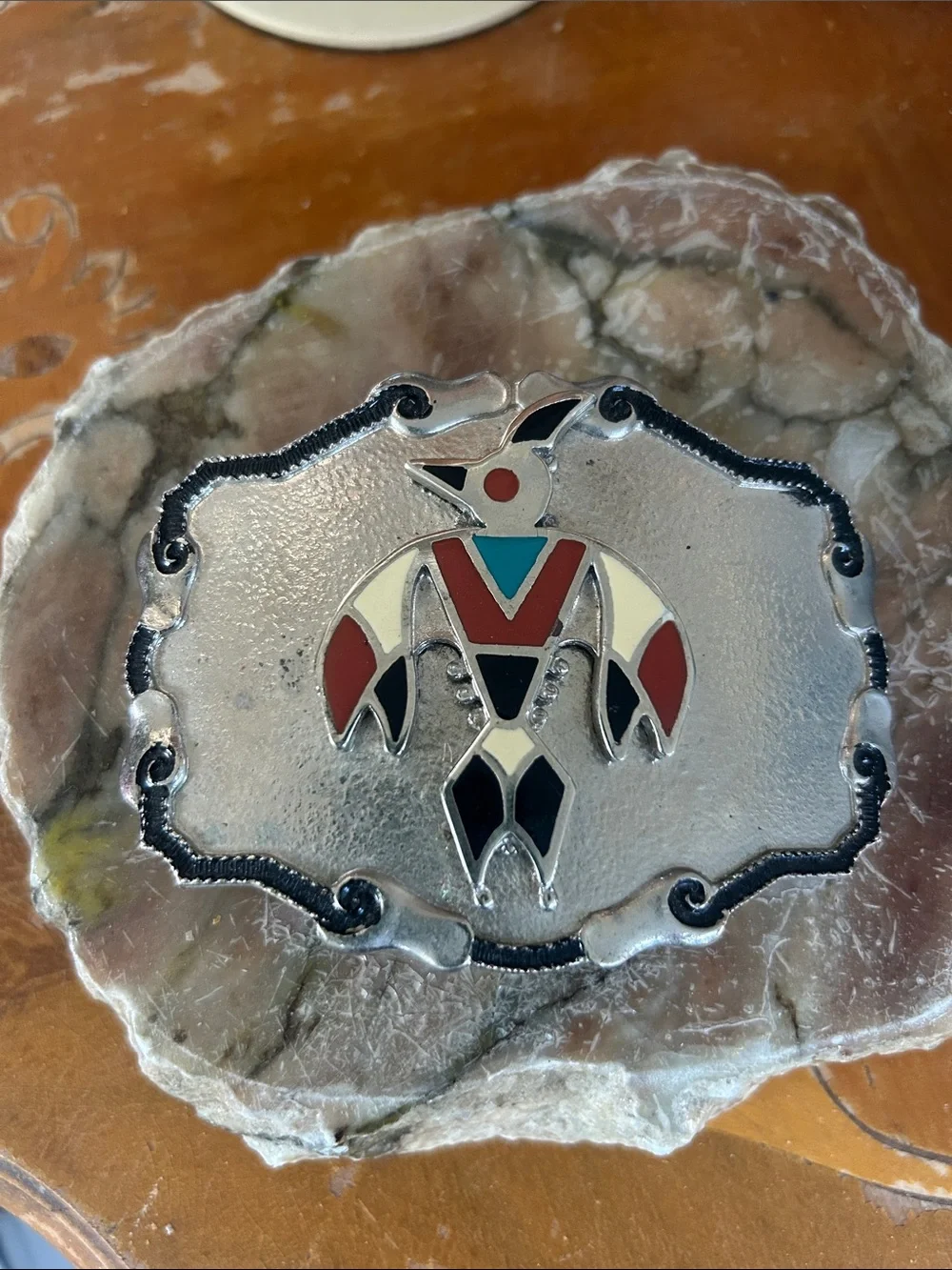 Vintage Southwestern Thunderbird Enamel Belt Buckle